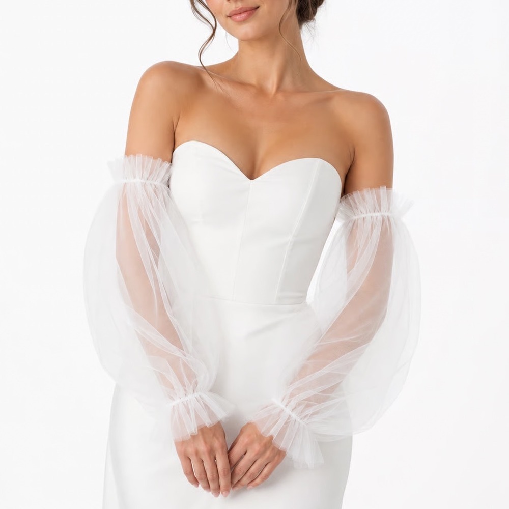 Sheer Off-Shoulder Tulle Sleeve Bridal Accessory - White